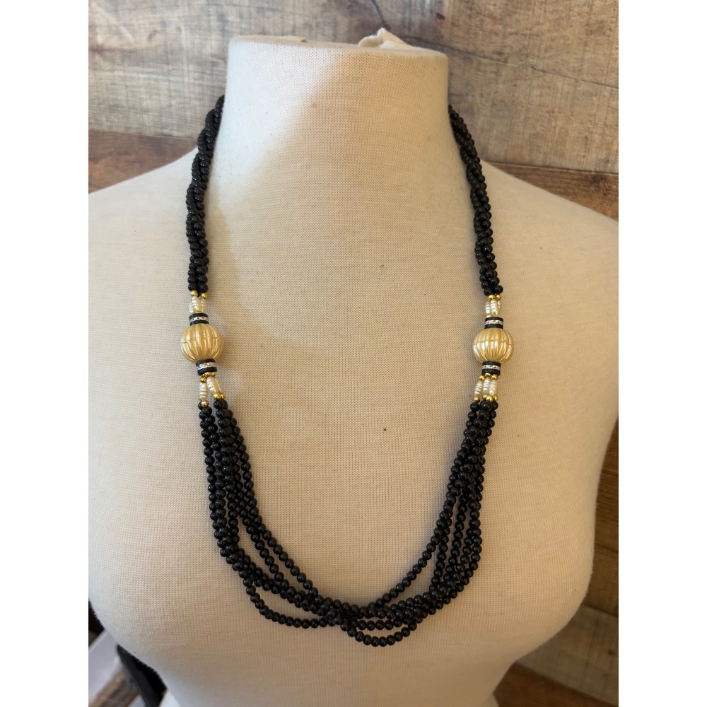 Vintage Style Black Multi-Strand Beaded Necklace Gold Melon Faux Pearl Accents